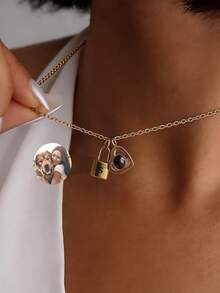 1pc Customized Photo Necklace, Stainless Steel Engraved Initial Pendant, Fashionable Creative Lock Design Pendant, Personalized Heart/Round Projection Pendant, Suitable For Men And Women, Elegant Minimalist Jewelry, Mother's Day Gift, Bridesmaid Gift, Proposal Gift - Gold - View 3