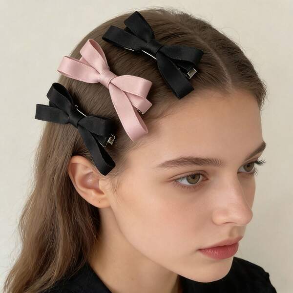 2pcs Black + Pink Satin Bow Hair Clips, Soft Sheen Texture, Elegant Bowknot Design, Suitable For Ponytail, Half-Up Hairstyles, Adds A Delicate Touch To Outfits For Casual, Date, Afternoon Tea Occasions