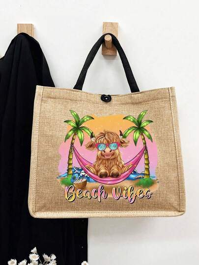 高地奶牛印花亚麻手提包，海滩风情图案，大容量化妆包，配有手提绳，圣诞礼物，亚麻零钱包，方格购物袋，化妆包，采用艺术字母和图案印花设计，适合女性日常使用，可作为便捷购物袋。教师节礼物，情人节礼物指南，平价情人节礼物，复活节，母亲节礼物。