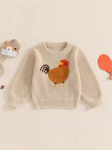 Toddler Baby Girl Boy Knit Sweater Rooster Embroidery Western Country Sweatshirt Oversized Tops Fall Winter Clothes - 卡其色 - 查看 1