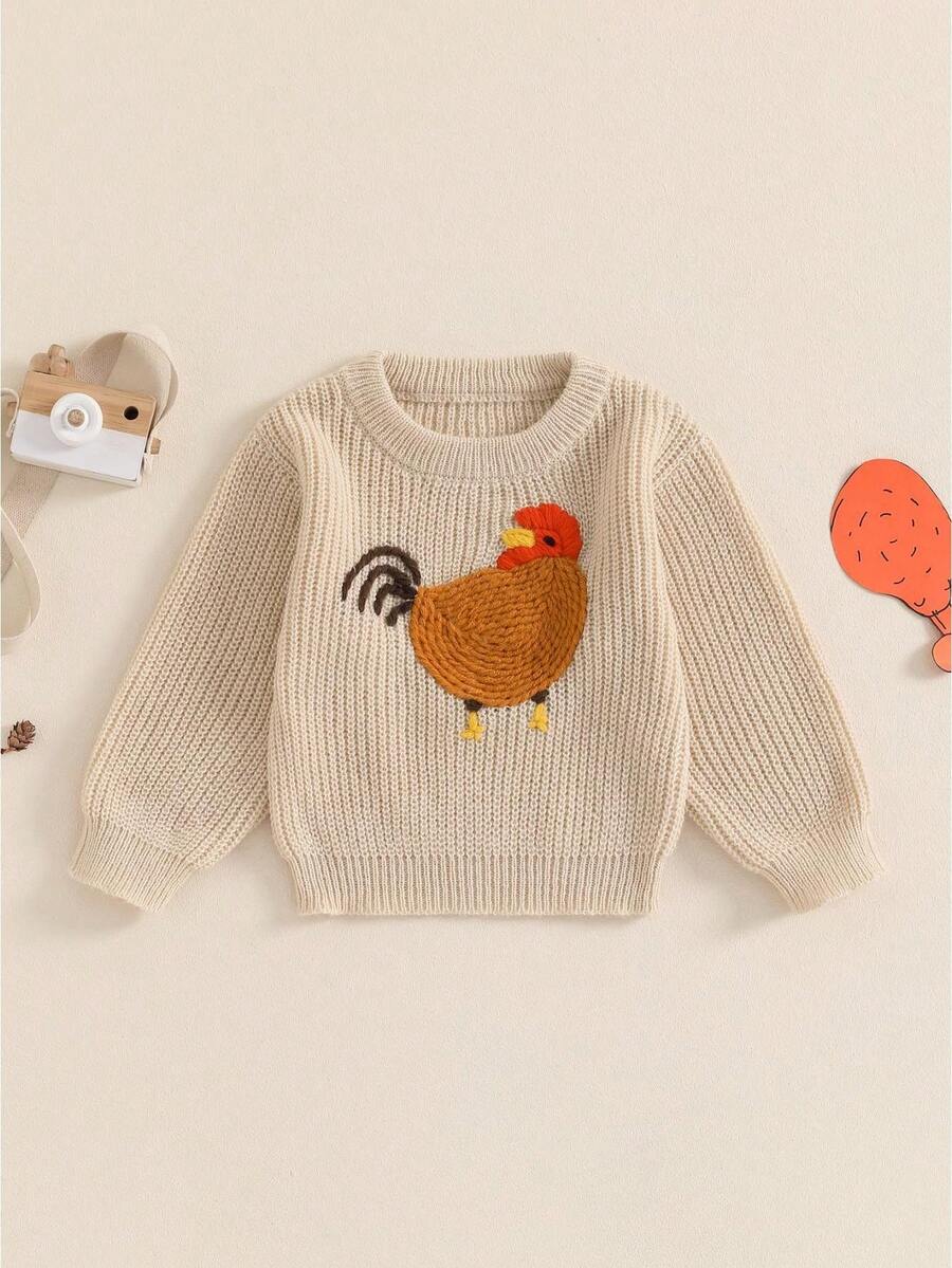 Toddler Baby Girl Boy Knit Sweater Rooster Embroidery Western Country Sweatshirt Oversized Tops Fall Winter Clothes - 卡其色 - 查看 1
