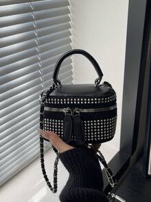 Lightweight Mini Bag, Chain Bag, Quilted Stitching Bag With Rhinestone Decoration, Elegant Texture Suitable For Evening Party - Black - View 6
