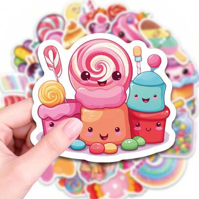 50 PCS Cute Cartoon Candy & Dessert Themed Stickers, Kawaii Sweets & Treats Waterproof Vinyl Decals, Perfect For Water Bottles, Laptops, Journals, Scrapbooks, Phone Cases, Gift Wrapping, Party Favors, And DIY Crafts, Vibrant Colorful Designs For Adults, Teens, And Creators, Durable Self-Adhesive Stickers For Personalizing Daily Essentials And Decorating Party Supplies