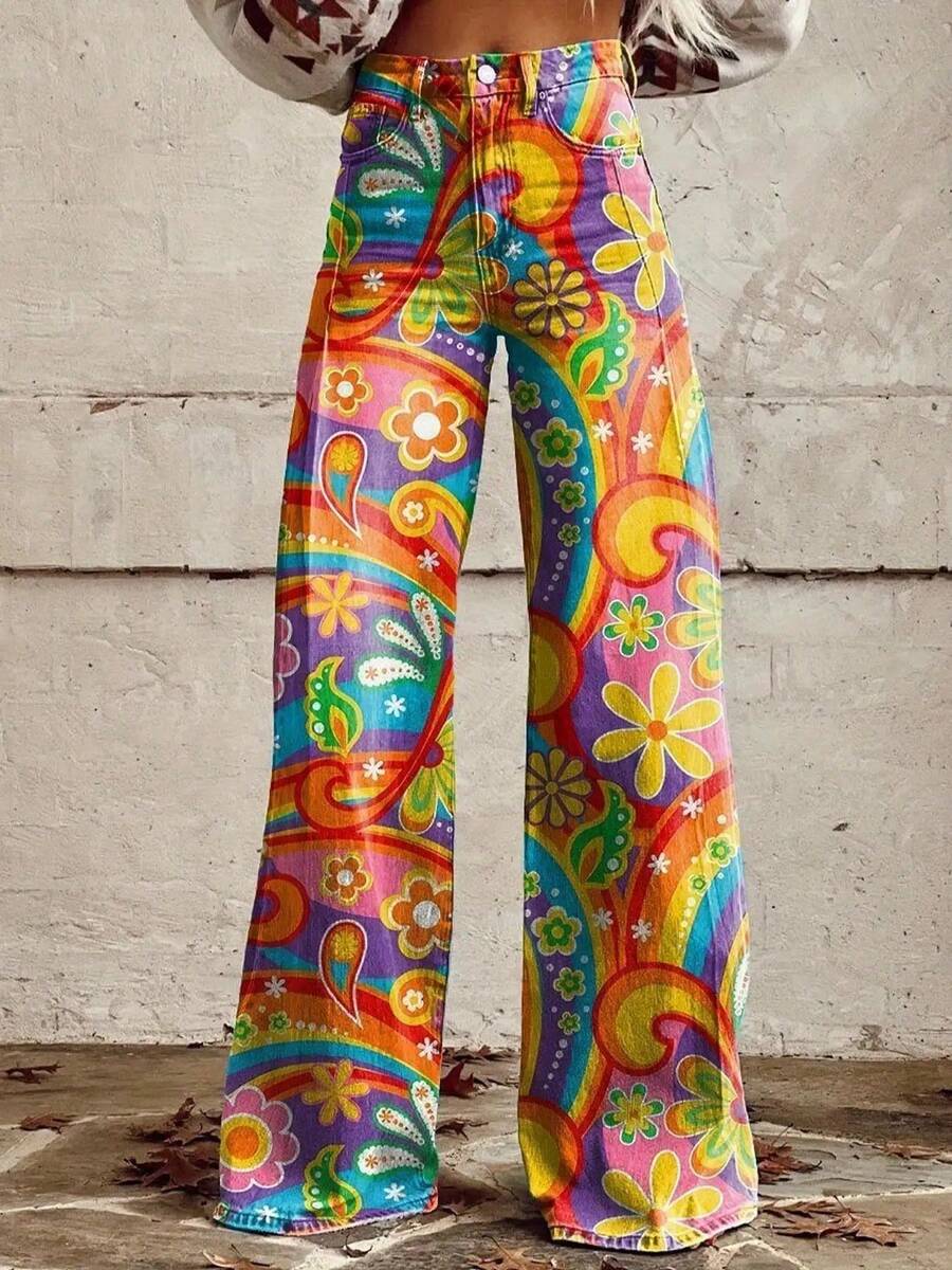 [Printed Pants – Not Denim Fabric] Women'S High-Waisted 60s70s Hippie Pants - Wide-Leg Flared Pants With Full-Body Tie-Dye & Bohemian Floral Print, Vintage Button-Fly Loop Closure, Machine Washable All-Season Retro Outfit For Music Festivals & Casual Wear - phong cách - Xem 1
