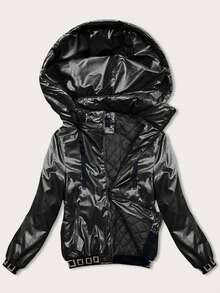 Kurze Jacke mit Zierbündchen, lockere Jacke mit Kapuze, abnehmbare Kapuze, dünne Isolierung aus Kunstdaunen, Reißverschluss, 2 Taschen, hüftlang, lässig, Frühling/Herbst - Schwarz - Übersicht 2