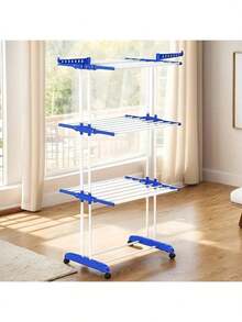 Movable Rolling Clothing Drying Rack, Adjustable Multi-Tier Laundry Air Dryer Rack, Space Saving Foldable Garment Stand For Towels, Socks, Pants, Shirts - Blue and White - View 12
