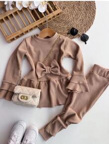 Flare Pants And Blouse Set With Bow Detail. - Beige - View 2