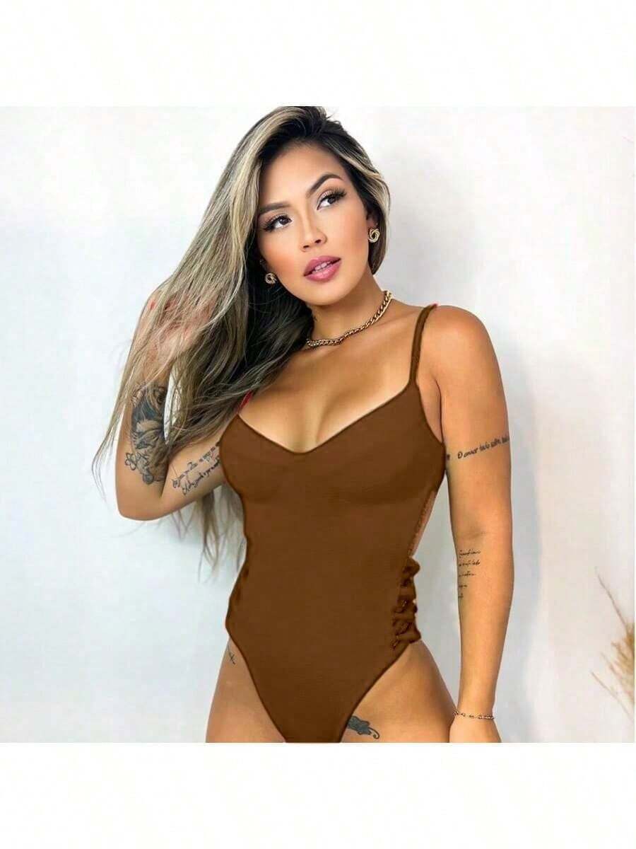 Ribbed Bodysuit/Swimsuit, With Padding, Unlined, Side Lacing, Half Cup. - Brown suplex - Xem 1