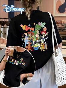 Disney Genuine Authorization, Disney Elements, Toy Story Colorful Cartoon Letters+Classic Character Pattern Printing Plus Large Size Ladies' Fashionable Round Neck T-Shirt, Suitable For Casual Wear In Spring And Summer, Giving Her A Gift Pattern Printed With 100% Cotton T-Shirt-Creative Cartoon Printing, Breathable And Light Fabrics, Regular Round Neck Spring And Summer Street Casual Tops, Disney Shirts, Excellent Holiday Gifts. - Black - View 1