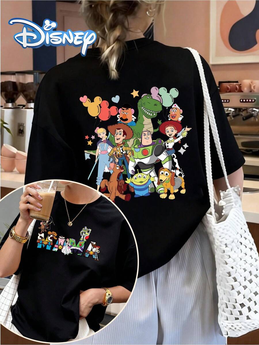 Disney Genuine Authorization, Disney Elements, Toy Story Colorful Cartoon Letters+Classic Character Pattern Printing Plus Large Size Ladies' Fashionable Round Neck T-Shirt, Suitable For Casual Wear In Spring And Summer, Giving Her A Gift Pattern Printed With 100% Cotton T-Shirt-Creative Cartoon Printing, Breathable And Light Fabrics, Regular Round Neck Spring And Summer Street Casual Tops, Disney Shirts, Excellent Holiday Gifts. - Black - View 1