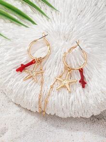 1 Pair Women's Red Coral & Starfish Earrings, Gold Hoop Starfish Pendant Bohemian Beach Resort Jewelry - Multicolor - View 2