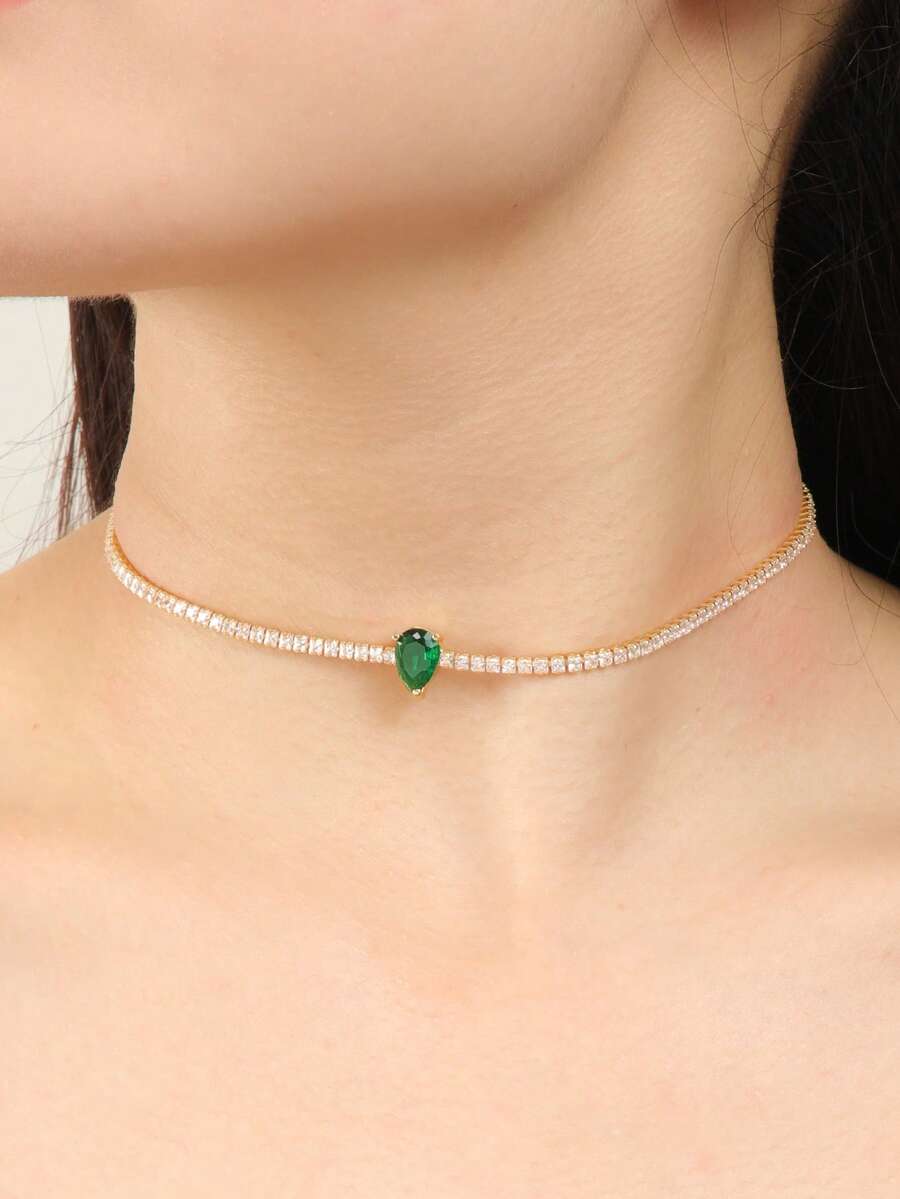 1 Peça Colar Gargantilha Estilo Avant-Garde Charmoso com Zircônia Colorida em Formato de Gota d'Água para Mulheres e Meninas, Presente - gotículas de água verde-amareladas douradas - Visão 1