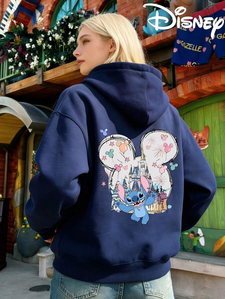 Disney Stitch Printed Women's Winter Hooded Sweater, Paris Street Style Loose And Casual Long-Sleeved Sports Shirt - 藍色 - 查看 1