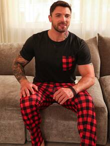 Conjunto de 2 piezas de pijama para hombre de primavera y verano con pantalón y camisa de manga corta, estilo a cuadros para uso en casa - Rojo - Ver 5