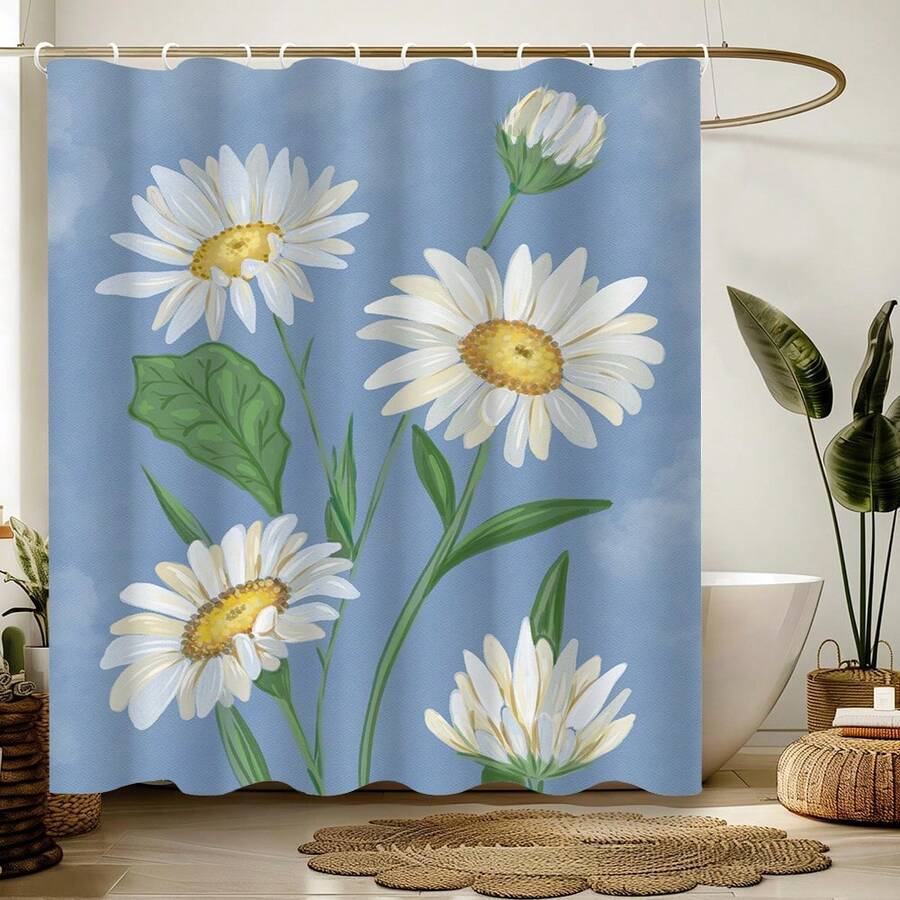 1pc Simple Plant Daisy Shower Curtain, Modern And Fashionable Plant Flower Shower Curtain, Suitable For Various Room Bathroom Decoration Partitions, Bathroom Accessories Shower Bathtub Curtain - Daisy - View 1
