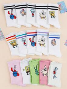 SpongeBob SquarePants 1/2/3/4/5 pares de calcetines de tripulación unisex con estampados temáticos de Bob Esponja, calcetines de pareja versátiles y divertidos - Multicolor - Ver 3