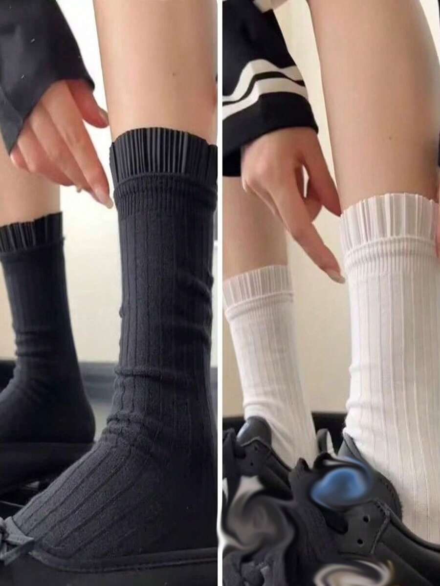 1/3 Pairs Women's Mid-Calf Socks With 3D Pleated Trim, Black & White Striped Ribbed Socks, Versatile Autumn Wear - Multicolor - View 1