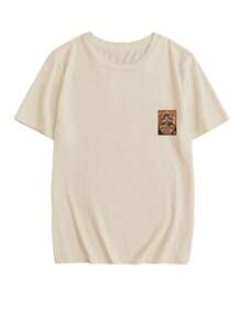 Summer New Minimalist Funny Japanese Cat Eating Noodles Style Casual Round Neck Short Sleeve T-Shirt, Fashionable And Versatile Women Top - Apricot - View 4