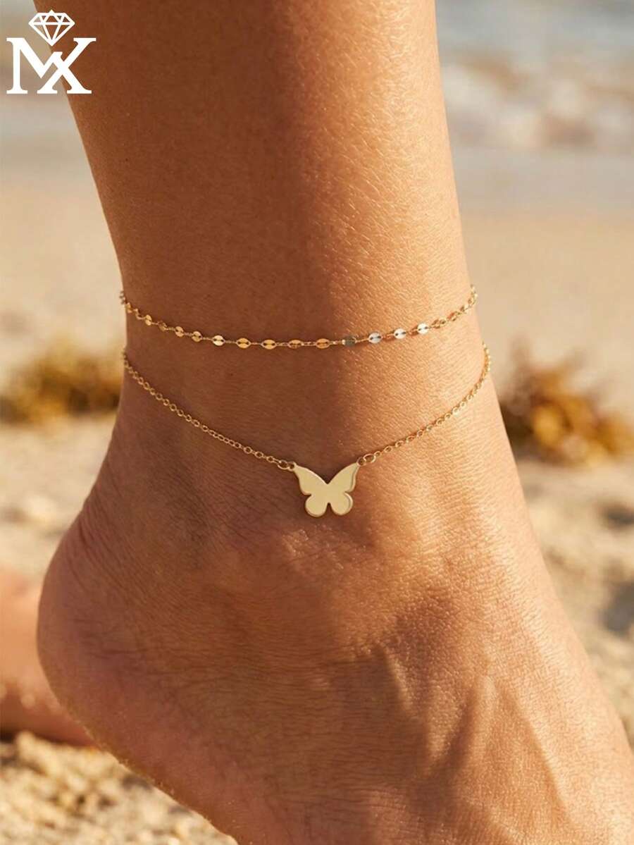 SYMFNY 925 Sterling Silver Lightweight Luxury Double-Layer Butterfly Pendant Anklet, Women's High-End Jewelry Gift For Summer Beach Vacation - Yellow Gold - View 1