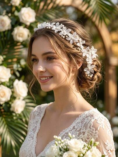 1件白色网纱花朵和仿珍珠装饰新娘头饰，手工浪漫婚礼发饰，派对舞会头饰，伴娘森林风发饰