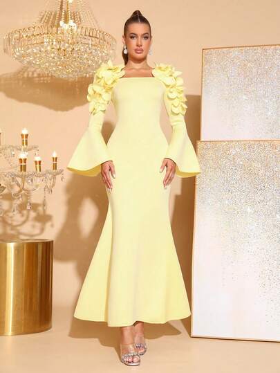 Đầm dạ hội mới về, thiết kế hoa 3D thanh lịch, cổ vuông, tay xòe, thích hợp cho khách dự đám cưới, phù dâu, dự tiệc hoặc các dịp buổi tối.