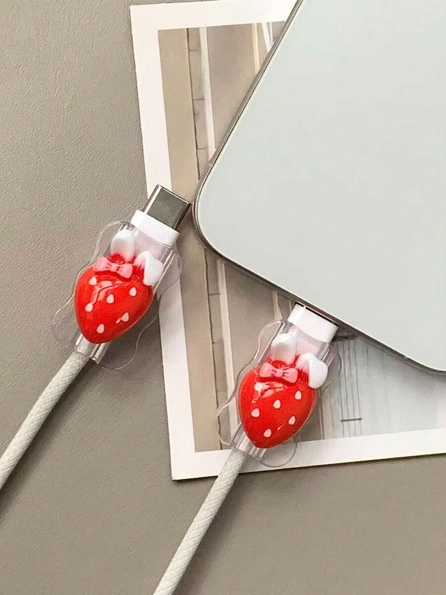 Cute Bow 2pcs Cute Strawberry Rabbit 3D Cartoon Charging Cable Protector 20W Universal Type C Android Gift Women's Day Birthday Gift - Multicolor - View 1