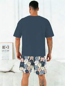 Plus Size Men's Pajama Set | Round Neck Short Sleeve Top And Elastic Waist Casual Shorts, 2 Pieces Set | Polyester Knit Fabric, Skin-Friendly Breathable Loose Fit | Cute Cartoon Cat Print Casual Design - Teal Blue - View 6