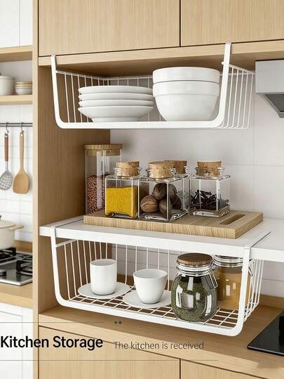 1个极简主义橱柜下置物篮，时尚免钻孔橱柜下收纳篮，打造整洁厨房，金属丝悬挂篮，适用于书桌下、食品储藏室、浴室，适合厚度小于3厘米的搁板（白色/黑色）