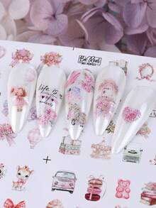 12pcs/Sheet Fashionable Rabbit Bow, Pink Cute Ribbon, Cake, Floral Pattern Water Decal Stickers, Nail Art Decoration Water Slide Nail Supplies - Multicolor - View 6