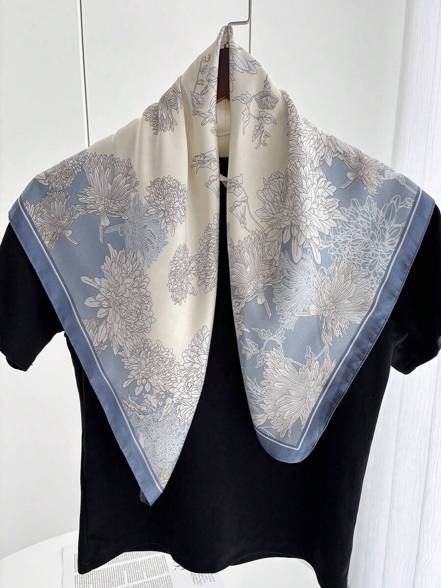 1pc Women's Spring/Summer Floral Print Scarf, Faux Silk 70cm Square Scarf, Shawl, Neck Warmer, Versatile For Daily Use - Màu xanh lam - Xem 1