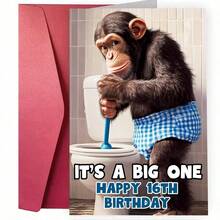 1pc Funny "It's A Big One" 16th Birthday Greeting Card With Envelope, Chimpanzee Toilet Design For Teens - View 1