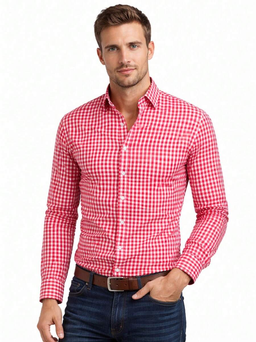 Men's Casual Comfortable Checkered Shirt - Đỏ - Xem 1