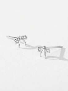 1 Pair Mini 925 Sterling Silver Cute Sweet Earrings For Women Girl Shiny Zirconia Bow Stud Earrings Daily Jewelry - Silver - View 3
