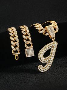 嘻哈风镶钻链，配定制草书字母吊坠，镀金项链，个性化首字母首饰 - 嘻哈字母項鍊 - 查看 46