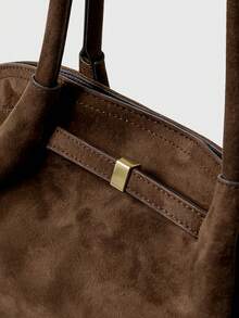 Dedoo 1pc Faux Suede Tote Bag, Large Capacity Solid Color Mature Elegant Ladies Handbag, Retro Style Work Bag, Suitable For Girls, Women, College Students, Office Workers - 棕色 - 查看 5
