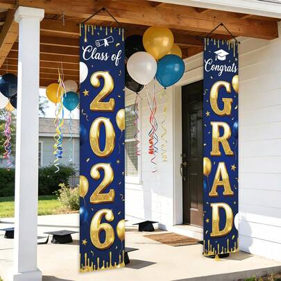 2PCS,2D Flat,2026 Graduation Ceremony Front Doorway Sign Party Banner, Blue Background, Ribbons, Diploma, And Graduation Cap Design, Polyester, Suitable For Holiday Parties And Graduation Party Celebrations, Home, Garden, Studio, And Outdoor Birthday Parties. A Versatile Decoration, Ideal For Parties And Holiday Gifts.