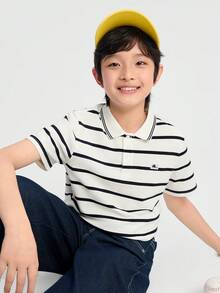 Balabala Tween Boys Summer Striped Polo T-Shirt 2026 Comfortable Soft Cool Breathable Top - Blue and White - View 3