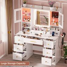 ✨Vanity, 7 Drawers White Vanity Desk With Mirror - Valentine's Gifts|Large Makeup Table Set With Cabinets And 3 Modes, 8 Storage Shelves With 2 Ultra-Clear Display Cabinets & 2 Ultra-Clear Dividers, 3 Storage Compartments, Top Shelf Included, Vanity Mirror With Desk Dressing Table For Bedroom, Includes Hairdryer Holder|Essential Makeup Vanity For School Club Performance Makeup Sessions|Perfect Addition To Makeup Routine For Shows,Gatherings And Festivals!|School Essentials|Hair Tools Organizer For Women|Enhanced Design|Suitable For Pet-Owning Households|Autumn & Winter Heartwarming Gift|Christmas & Halloween Gift|Newly Upgraded Thickened Edition|Thanksgiving Day|Celebration Gifts|NYE Party Gifts|Lunar New Year 2026|New Year's Eve|Home Essentials From You NEED|Made Me Buy It: Must-Haves To Stock Up On✨ - 白色 - 查看 2