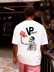 Men's T-Shirt With Double-Sided Skeleton Racing Print, 180g Cotton T-Shirt, Casual Streetwear Style, Unisex Short Sleeve - 白色 - 查看 3