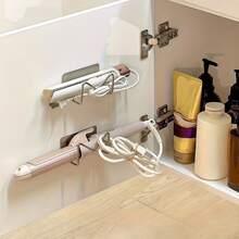 2pcs Wall Mounted Hair Dryer Holder Rack, Stainless Steel Bathroom Storage Organizer With Strong Adhesive, Multifunctional Space-Saving Design For Makeup, Glasses Etc, No Drilling Required - Silver - View 5