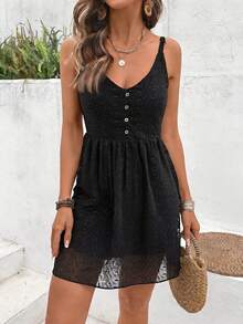 Cute Women's Sleeveless V Neck Short Cami Dress With Eyelet Embroidery And Button Front Detail - Black - View 1