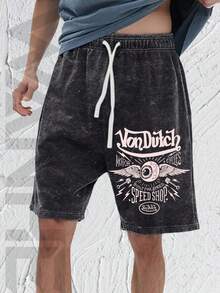 WANHE Washed Shorts, Unisex Style, Couples' Matching Outfit - Ideal For Spring & Summer Wear, St. Patrick's Day, March Madness, Music & Art Festivals, Easter, Carnival, Perfect Gift Choice. Motorcycle Speed Shop Print, Washed Shorts For Motorcycle Enthusiasts, Street Style Summer Casual Wear, Graphic Design, Comfortable Fit, Urban Lifestyle - 黑色 - 查看 1