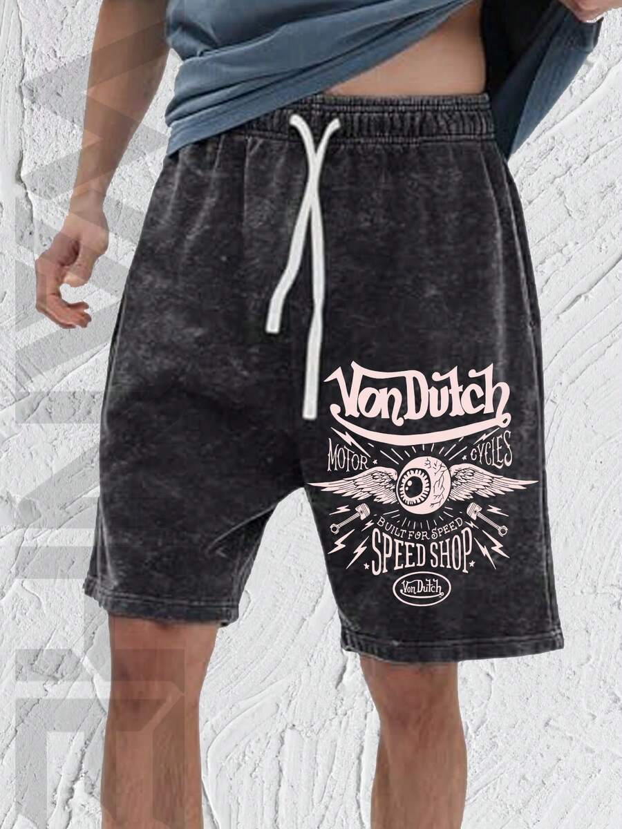 WANHE Washed Shorts, Unisex Style, Couples' Matching Outfit - Ideal For Spring & Summer Wear, St. Patrick's Day, March Madness, Music & Art Festivals, Easter, Carnival, Perfect Gift Choice. Motorcycle Speed Shop Print, Washed Shorts For Motorcycle Enthusiasts, Street Style Summer Casual Wear, Graphic Design, Comfortable Fit, Urban Lifestyle - 黑色 - 查看 1