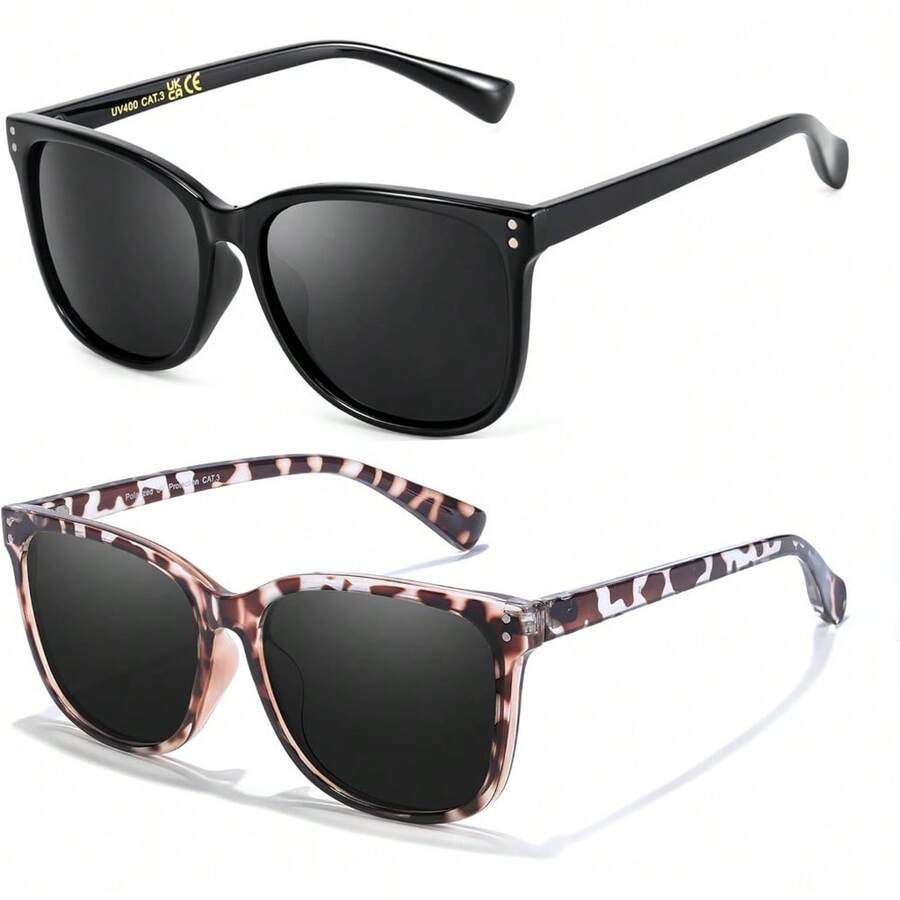 2 Packs Polarised Sunglasses For Women UV400 Protection Square Stylish Sun Glasses For Driving