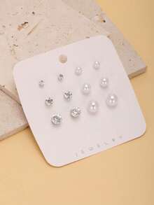 Fashionable Versatile Flower & Pearl Earring Set - Silver - View 4