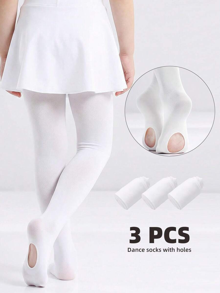 3条装儿童舞蹈紧身裤（鞋底带孔设计）幼儿白色踩脚紧身裤 - 适合舞蹈课和休闲外出穿着 女婴儿童紧身裤