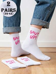 2 Pairs Women's White & Pink Contrast Slogan Soft & Snug Casual Mid-Calf Socks, Unisex Streetwear Gift - Multicolor - View 8