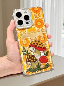 1PC Funda Transparente con Tarjetero Diseño de Hongos con Puntos sobre Fondo Floral Naranja Retro Estilo Vintage y Divertido, Protección Total para la Cámara, Compatible con iPhone 17/16/15/14/13/12/11/Pro/ProMax, Compatible con Galaxy A54/S24 Ultra/Plus, Compatible con Moto/Galaxy/Redmi/Honor/OPPO, Anticaída y Almacenamiento, Diseño Minimalista - transparente - Ver 6