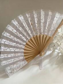 1pc Vintage Spanish Wedding Fan - Elegant Floral Lace Decoration, Natural Wooden Folding Hand Fan Suitable For Bridal Party, Wedding Decor - Elegant Tabletop Centerpiece Or Wedding Gift - Durable And Lightweight, Bridal Party Accessory, Exquisite Craftsmanship - View 4