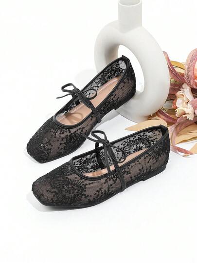 优雅系带蝴蝶结玛丽珍平底鞋，柔软奢华，适合优雅、学院风、休闲、派对、通勤、户外、中式风、洛丽塔风、新中式风、街头风、西式婚礼、中式婚礼、工作装、西式风格、网眼透气、精致提花、柔软浪漫、春夏限量版、假日、婚礼、派对、办公室、户外、春夏新品